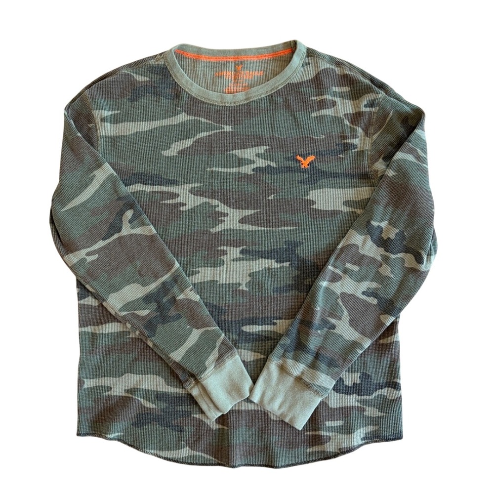 American Eagle Mens Camo Thermal Waffle Knit Shirt L Grunge Indie Sleaze Casual